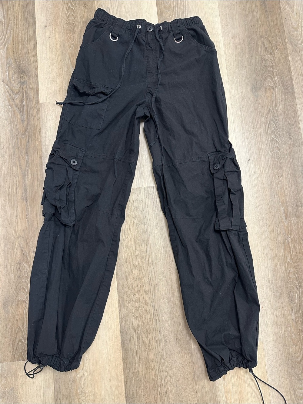 Black Cargo Jogger Pants with Multiple Pockets Small Adjustable Waist with Ties